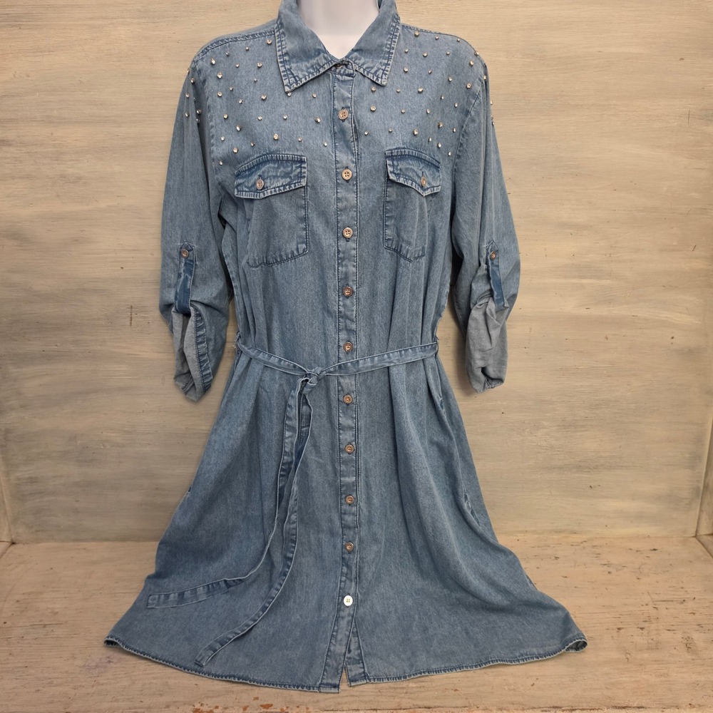 Speed Limit Mph 100% Cotton Bedazzled Button Down Denim Shirt Dress Size XL GC